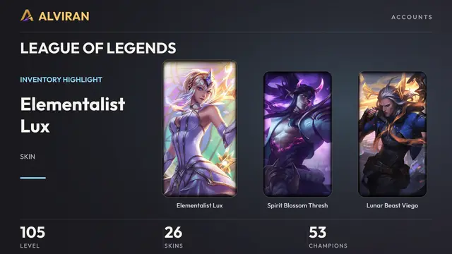 LEAGUE OF LEGENDS · Level 105 · Elementalist Lux, Spirit Blossom Thresh, Lunar Beast Viego