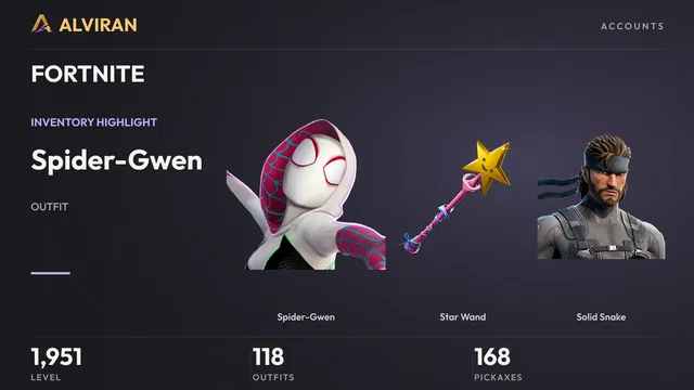 FORTNITE · Level 1951 · Spider-Gwen, Star Wand, Solid Snake