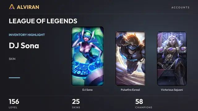 LEAGUE OF LEGENDS · Level 156 · DJ Sona, Pulsefire Ezreal, Victorious Sejuani
