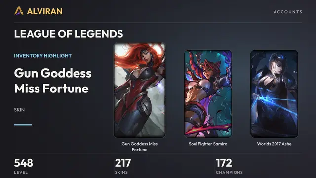 LEAGUE OF LEGENDS · Level 548 · Gun Goddess Miss Fortune, Soul Fighter Samira, Worlds 2017 Ashe