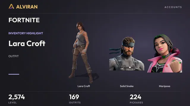 FORTNITE · Level 2574 · Lara Croft, Solid Snake, Mariposa