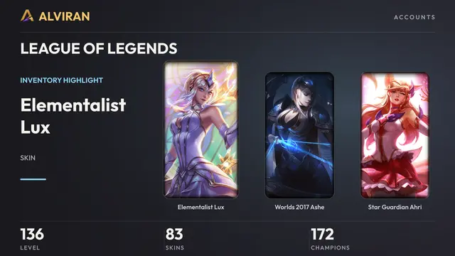 LEAGUE OF LEGENDS · Level 136 · Elementalist Lux, Worlds 2017 Ashe, Star Guardian Ahri