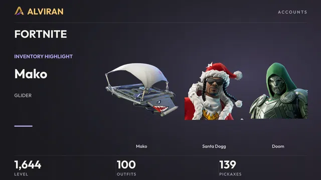 FORTNITE · Level 1644 · Mako, Santa Dogg, Doom