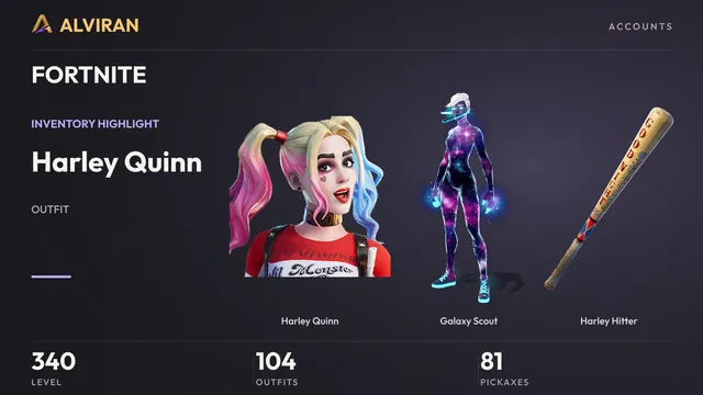 FORTNITE · Level 340 · Harley Quinn, Galaxy Scout, Harley Hitter