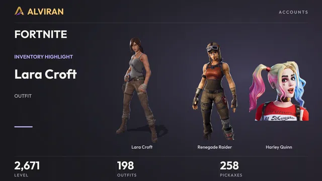 FORTNITE · Level 2671 · Lara Croft, Renegade Raider, Harley Quinn