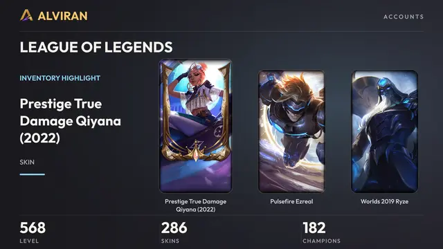 LEAGUE OF LEGENDS · Level 568 · Prestige True Damage Qiyana (2022), Pulsefire Ezreal, Worlds 2019 Ryze