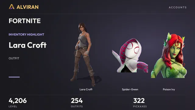 FORTNITE · Level 4206 · Lara Croft, Spider-Gwen, Poison Ivy