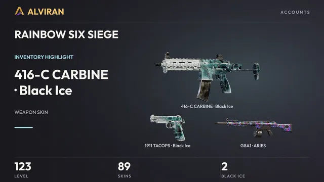 RAINBOW SIX SIEGE · Level 123 · Black Ice · 416-C CARBINE, Black Ice · 1911 TACOPS, ARIES · G8A1