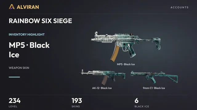 RAINBOW SIX SIEGE · Level 234 · Black Ice · MP5, Black Ice · AK-12, Black Ice · 9mm C1