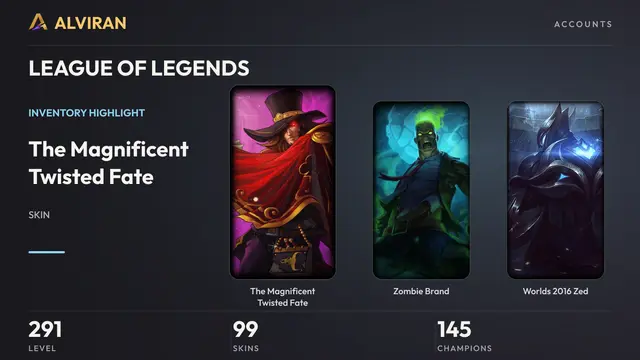 LEAGUE OF LEGENDS · Level 291 · The Magnificent Twisted Fate, Zombie Brand, Worlds 2016 Zed