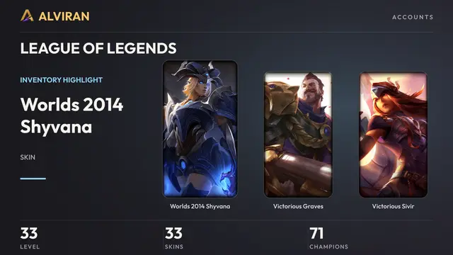 LEAGUE OF LEGENDS · Level 33 · Worlds 2014 Shyvana, Victorious Graves, Victorious Sivir