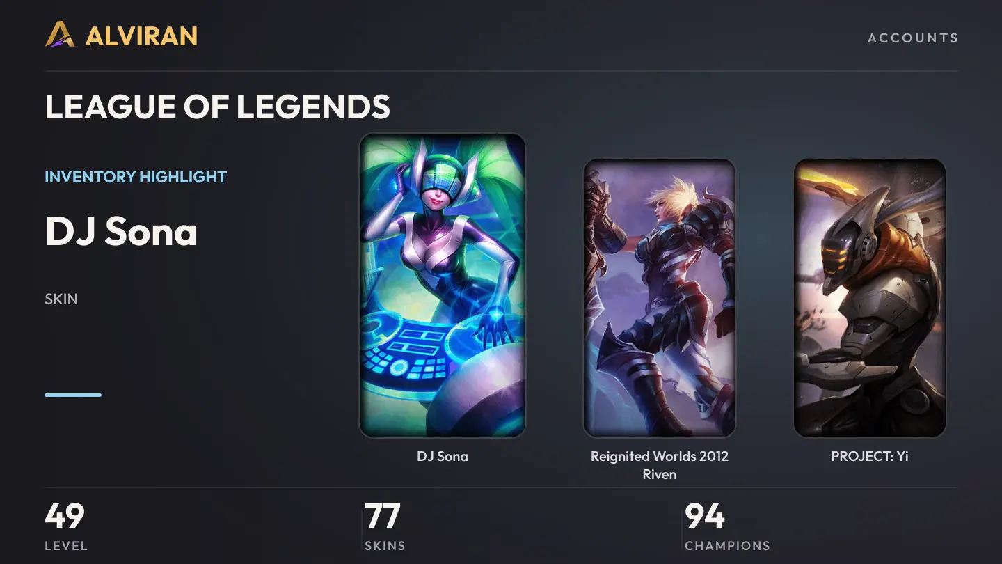 LEAGUE OF LEGENDS · Level 49 · DJ Sona, Reignited Worlds 2012 Riven, PROJECT: Yi