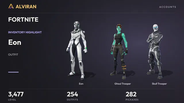 FORTNITE · Level 3477 · Eon, Ghoul Trooper, Skull Trooper