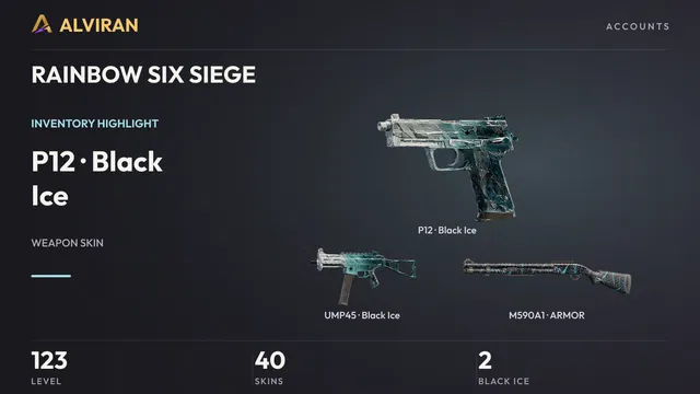 RAINBOW SIX SIEGE · Level 123 · Black Ice · P12, Black Ice · UMP45, ARMOR · M590A1
