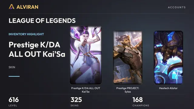 LEAGUE OF LEGENDS · Level 616 · Prestige K/DA ALL OUT Kai'Sa, Prestige PROJECT: Sylas, Hextech Alistar