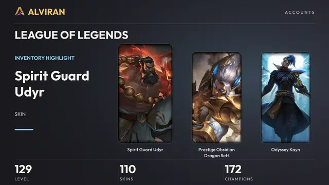LEAGUE OF LEGENDS · Level 129 · Spirit Guard Udyr, Prestige Obsidian Dragon Sett, Odyssey Kayn