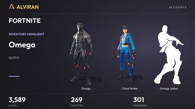 FORTNITE · Level 3589 · Omega, Cloud Striker, Orange Justice