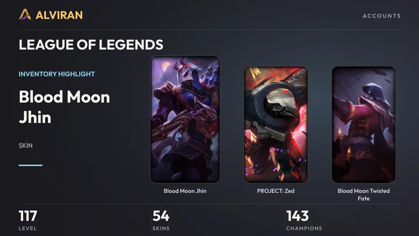 LEAGUE OF LEGENDS · Level 117 · Blood Moon Jhin, PROJECT: Zed, Blood Moon Twisted Fate