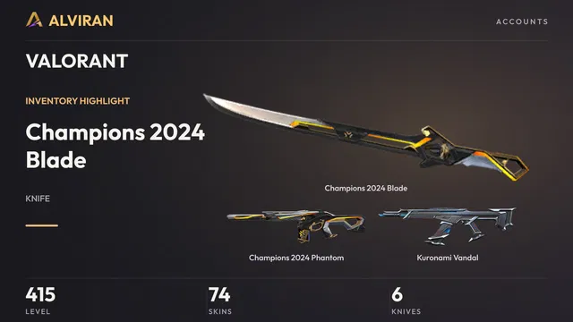 VALORANT · Level 415 · Champions 2024 Blade · Melee, Champions 2024 Phantom, Kuronami Vandal