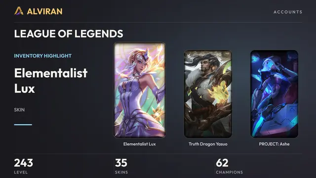 LEAGUE OF LEGENDS · Level 243 · Elementalist Lux, Truth Dragon Yasuo, PROJECT: Ashe