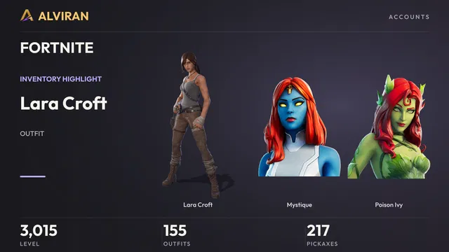 FORTNITE · Level 3015 · Lara Croft, Mystique, Poison Ivy