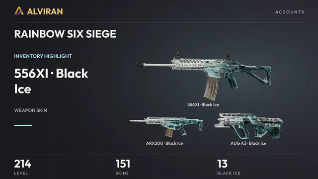 RAINBOW SIX SIEGE · Level 214 · Black Ice · 556XI, Black Ice · ARX200, Black Ice · AUG A3
