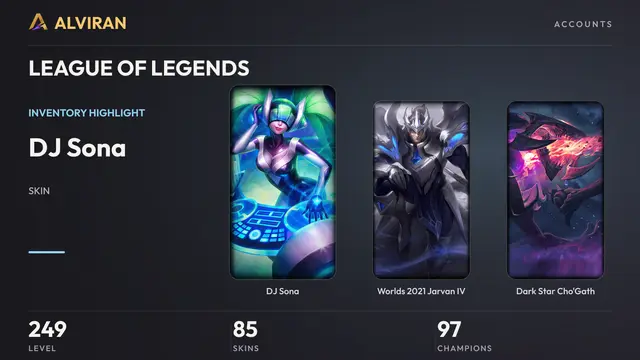 LEAGUE OF LEGENDS · Level 249 · DJ Sona, Worlds 2021 Jarvan IV, Dark Star Cho'Gath