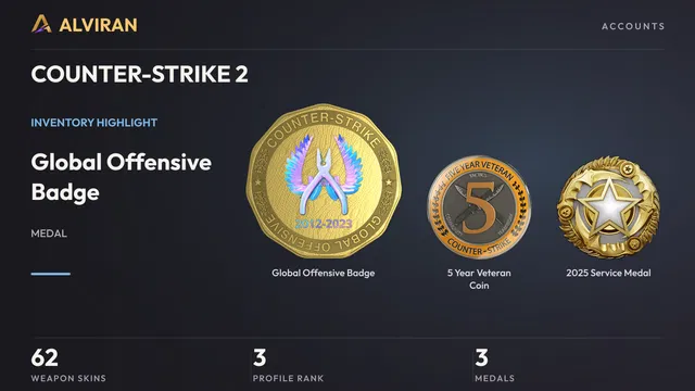COUNTER-STRIKE 2 · Level 3 · Global Offensive Badge, 5 Year Veteran Coin, 2025 Service Medal