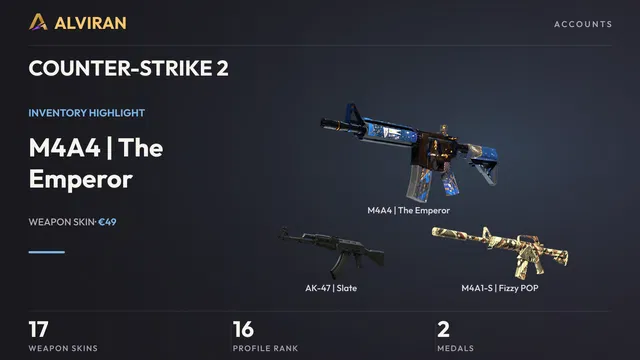 COUNTER-STRIKE 2 · Level 16 · M4A4 | The Emperor · Well-Worn, AK-47 | Slate · Factory New, M4A1-S | Fizzy POP · Factory New