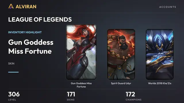 LEAGUE OF LEGENDS · Level 306 · Gun Goddess Miss Fortune, Spirit Guard Udyr, Worlds 2018 Kha'Zix