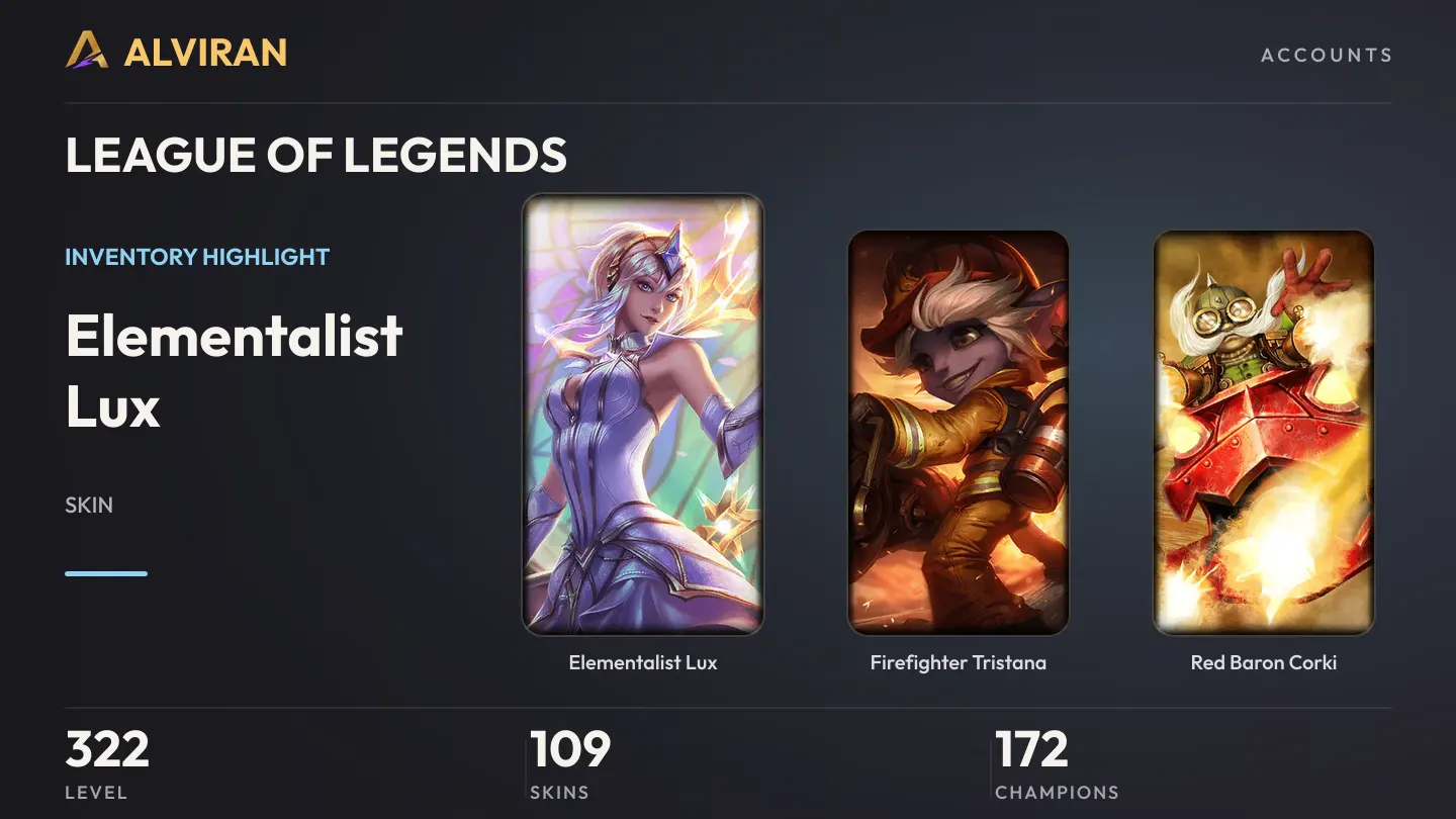 LEAGUE OF LEGENDS · Level 322 · Elementalist Lux, Firefighter Tristana, Red Baron Corki