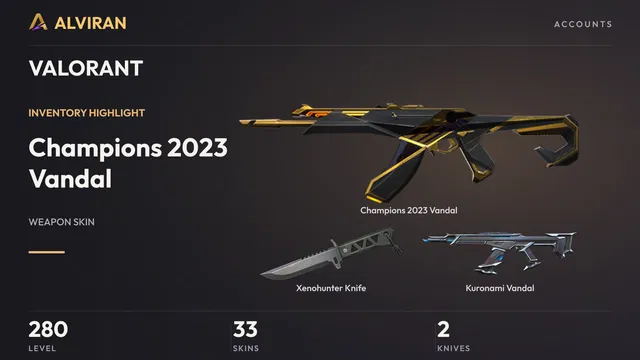 VALORANT · Level 280 · Champions 2023 Vandal, Xenohunter Knife · Melee, Kuronami Vandal