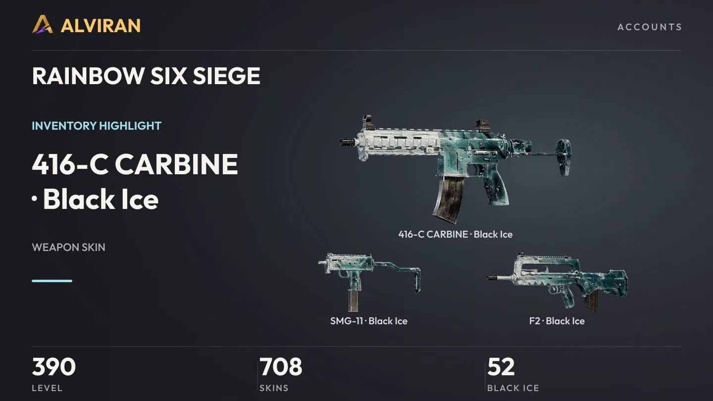 RAINBOW SIX SIEGE · Level 390 · Black Ice · 416-C CARBINE, Black Ice · SMG-11, Black Ice · F2