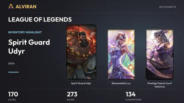 LEAGUE OF LEGENDS · Level 170 · Spirit Guard Udyr, Elementalist Lux, Prestige Faerie Court Katarina