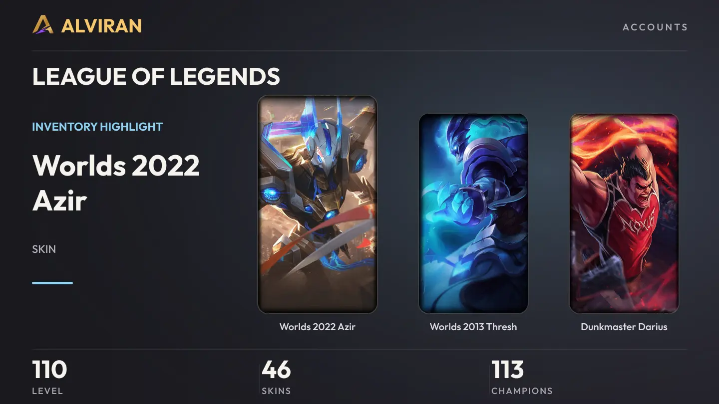 LEAGUE OF LEGENDS · Level 110 · Worlds 2022 Azir, Worlds 2013 Thresh, Dunkmaster Darius