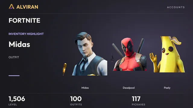 FORTNITE · Level 1506 · Midas, Deadpool, Peely