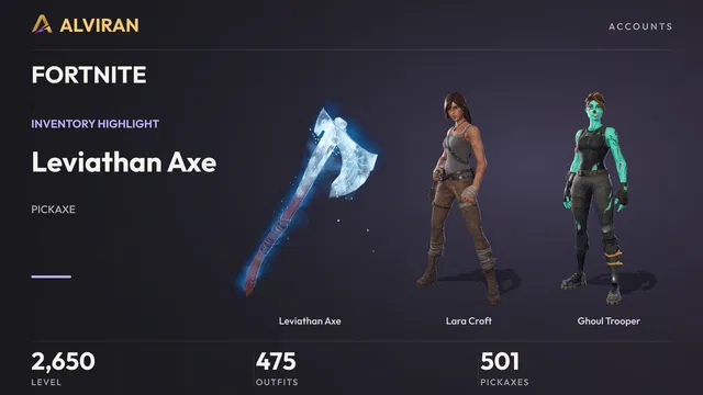 FORTNITE · Level 2650 · Leviathan Axe, Lara Croft, Ghoul Trooper