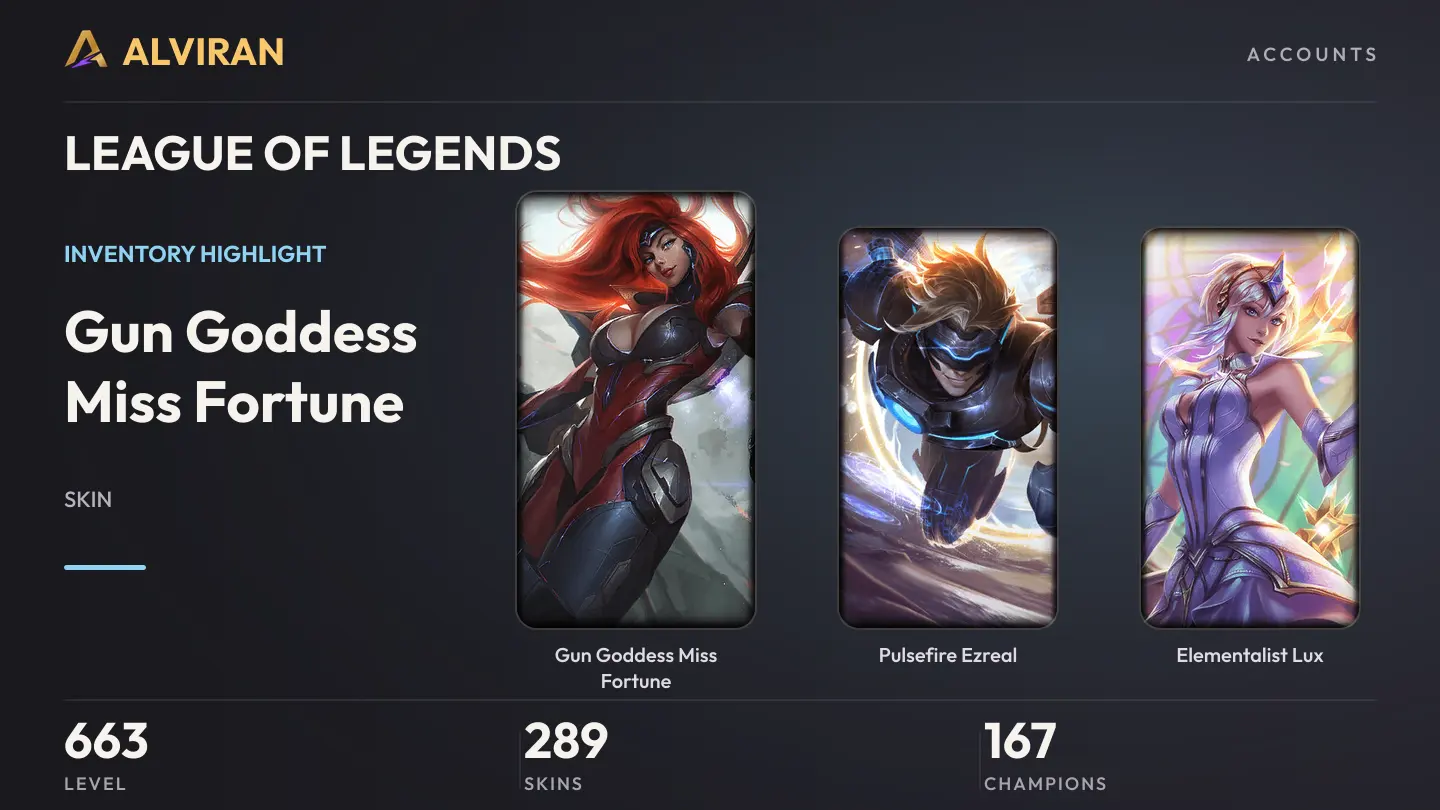 LEAGUE OF LEGENDS · Level 663 · Gun Goddess Miss Fortune, Pulsefire Ezreal, Elementalist Lux
