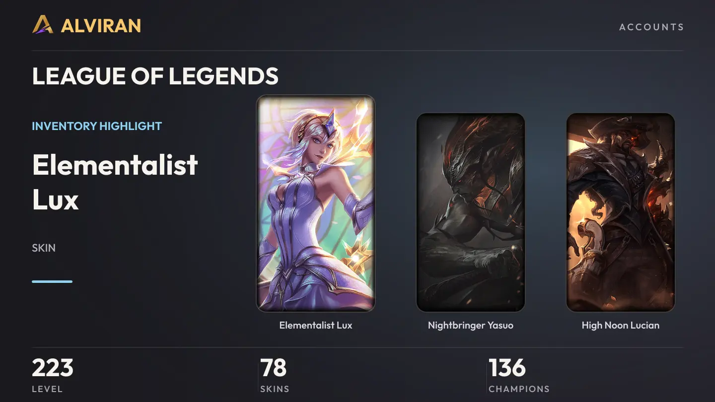 LEAGUE OF LEGENDS · Level 223 · Elementalist Lux, Nightbringer Yasuo, High Noon Lucian