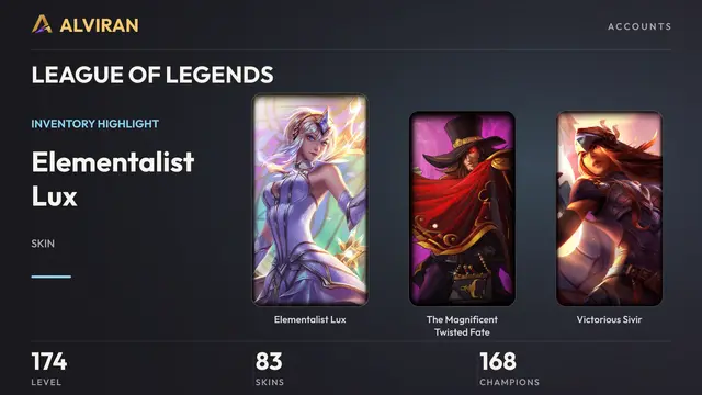LEAGUE OF LEGENDS · Level 174 · Elementalist Lux, The Magnificent Twisted Fate, Victorious Sivir