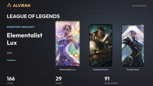 LEAGUE OF LEGENDS · Level 166 · Elementalist Lux, Sentinel Graves, PsyOps Sona