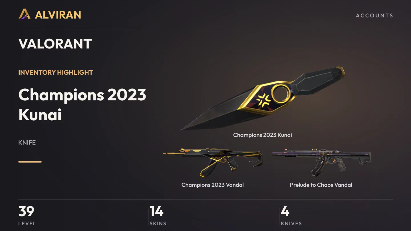 VALORANT · Level 39 · Champions 2023 Kunai · Melee, Champions 2023 Vandal, Prelude to Chaos Vandal