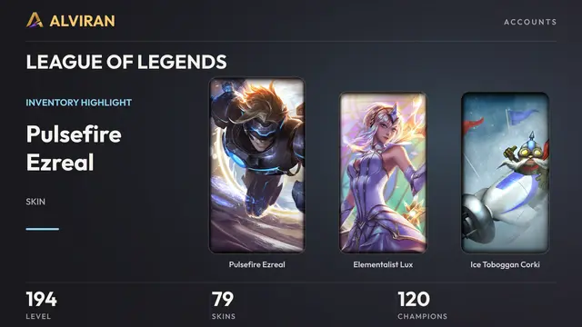 LEAGUE OF LEGENDS · Level 194 · Pulsefire Ezreal, Elementalist Lux, Ice Toboggan Corki