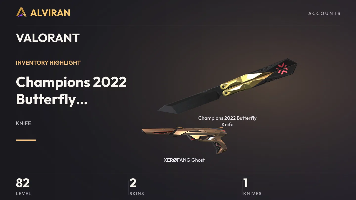 VALORANT · Level 82 · Champions 2022 Butterfly Knife · Melee, XERØFANG Ghost