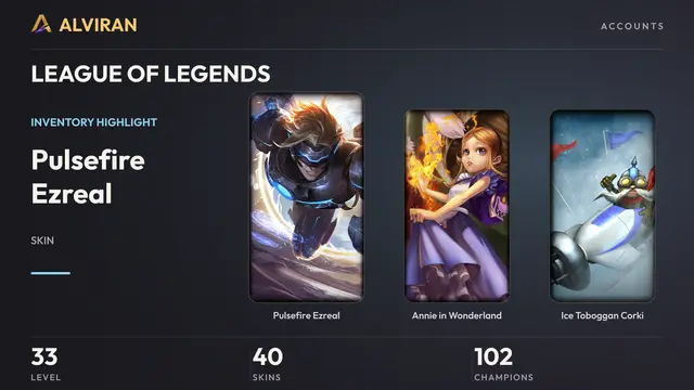 LEAGUE OF LEGENDS · Level 33 · Pulsefire Ezreal, Annie in Wonderland, Ice Toboggan Corki