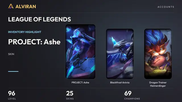 LEAGUE OF LEGENDS · Level 96 · PROJECT: Ashe, Blackfrost Anivia, Dragon Trainer Heimerdinger