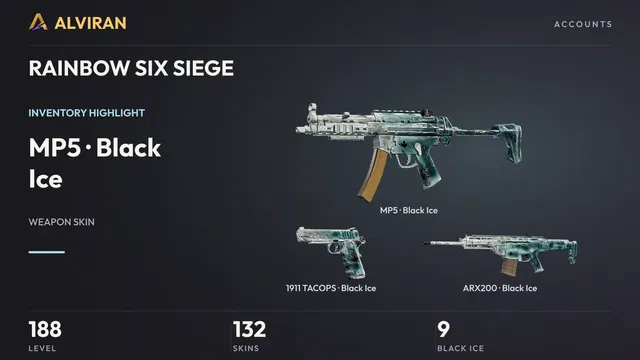 RAINBOW SIX SIEGE · Level 188 · Black Ice · MP5, Black Ice · 1911 TACOPS, Black Ice · ARX200