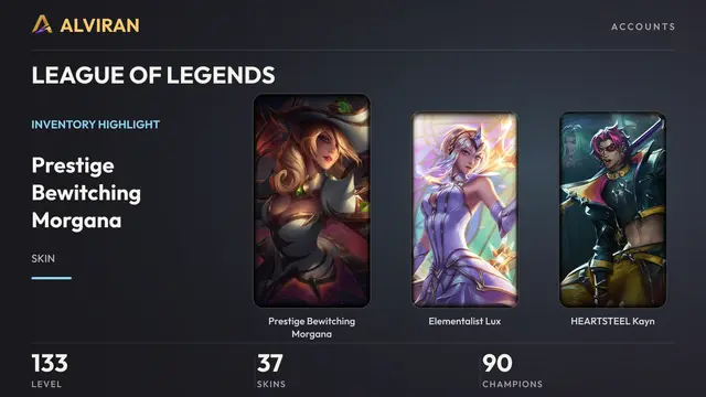 LEAGUE OF LEGENDS · Level 133 · Prestige Bewitching Morgana, Elementalist Lux, HEARTSTEEL Kayn