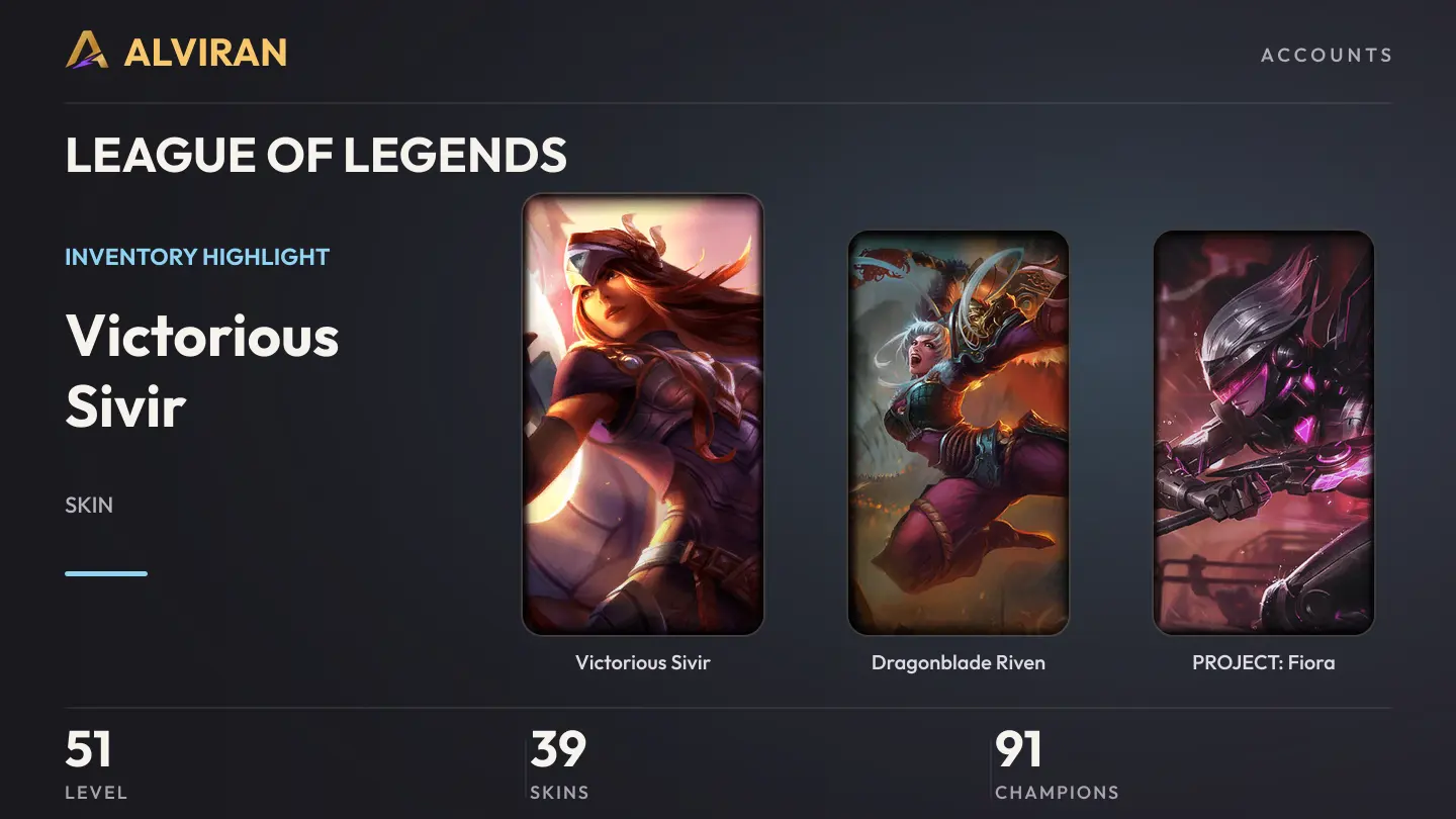 LEAGUE OF LEGENDS · Level 51 · Victorious Sivir, Dragonblade Riven, PROJECT: Fiora