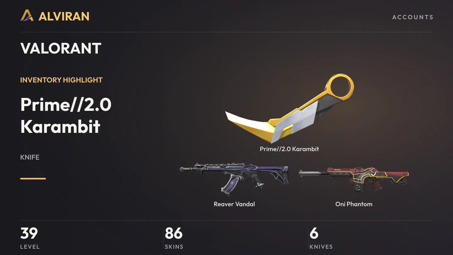 VALORANT · Level 39 · Prime//2.0 Karambit · Melee, Reaver Vandal, Oni Phantom